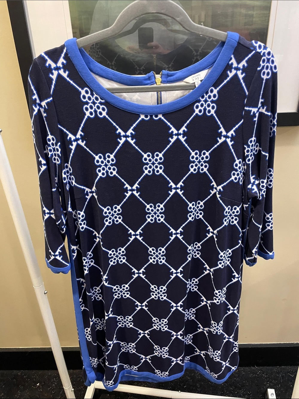 Crown & Ivy. XL. Navy & White Geometric Shift Dress with Royal Blue Trim